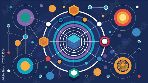 Modern abstract digital design showcasing interconnected shapes and vibrant colors representing technology concepts