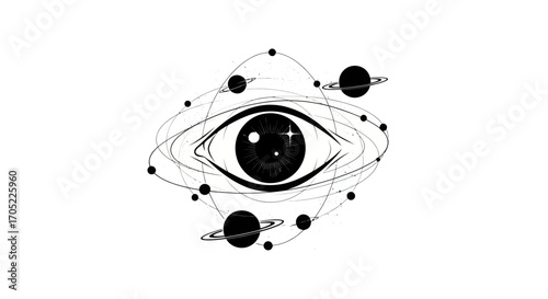 Cosmic vision concept with eye illustration encompassed by planets and orbits imagery