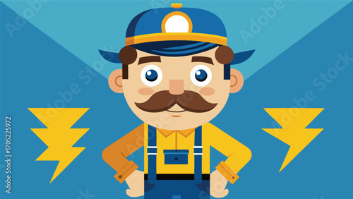 Character in blue background displays cheerful personality with mustache and miner's hat while striking a confident pose