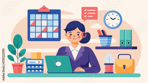 Professional woman working at a desk with laptop, calendar, clock, and organizing tools in a bright office
