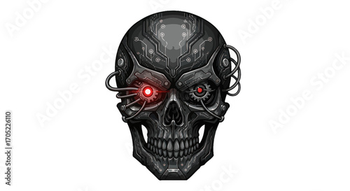Detailed illustration of a cybernetic skull with glowing red eyes and intricate circuit patterns