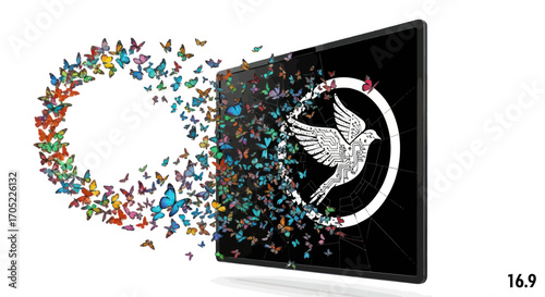 Digital metamorphosis captivating transition from a screen to a swarm of vibrant butterflies