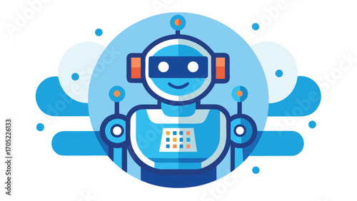 Robot character design with a friendly smile and vibrant colors on a blue background