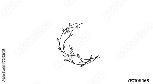 Delicate crescent moon adorned with climbing vines in a minimalist outline design