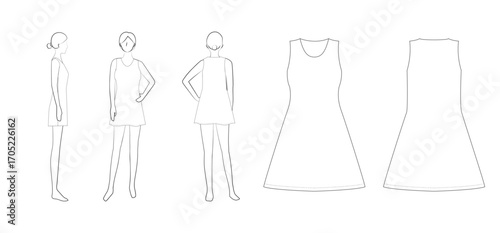 アパレルデザイン用テンプレートのベクター画像：女性用テニスウェアのワンピース / Vector image of apparel design template: Women's tennis wear dress