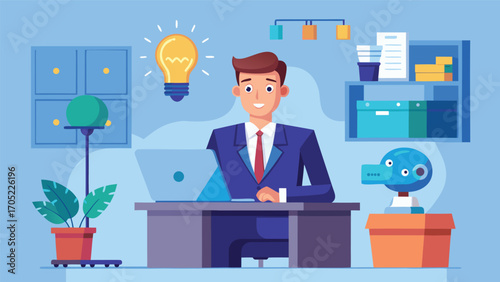 Creative workspace with a businessman and a friendly robot companion in an innovative office design