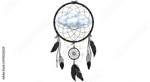 Dream catcher with cloud and stars symbolizes tranquility and creative spirit