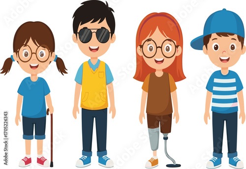 Inclusive children illustration, cartoon diversity vector, disability awareness clipart, kids with assistive devices artwork, friendly character design, social representation scene
