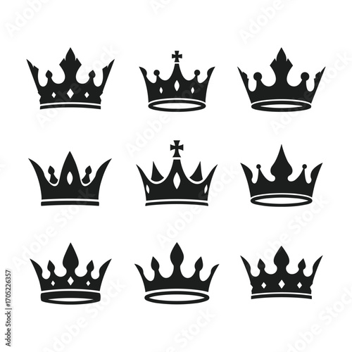 Nine black silhouette royal crowns on white background king queen