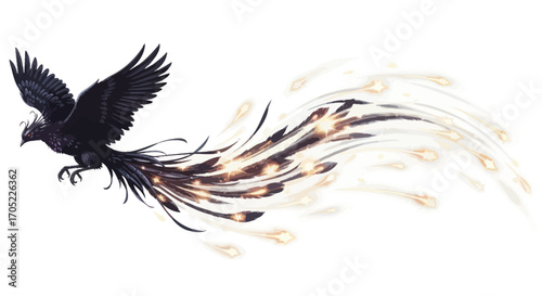 Dramatic phoenix illustration with stylized tail of light and shadows concept