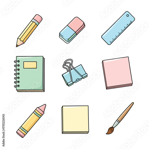 Collection of colorful school and art supplies on white background pencil eraser