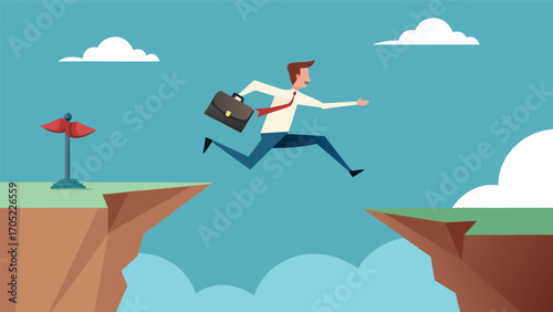 Businessman leaps between cliffs symbolizing risk-taking and opportunity in a dynamic landscape