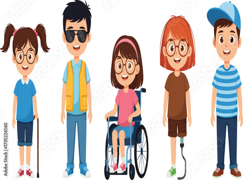 Inclusive children illustration, cartoon diversity vector, disability awareness clipart, kids with disabilities artwork, social representation design, friendly character scene