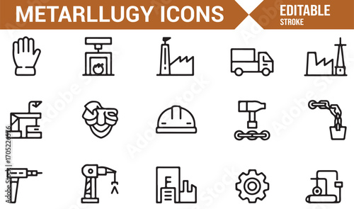 Factory and worker metallurgy vector icons set in editable thin stroke line style