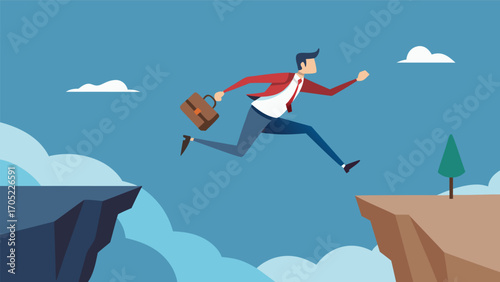 A businessman in formal attire is leaping from one cliff to another, carrying a briefcase