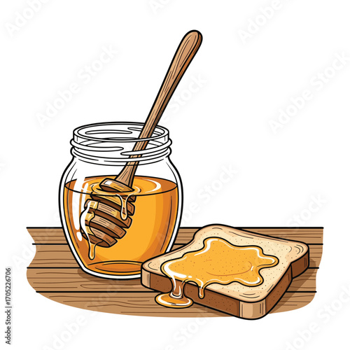 Glass jar of golden honey with wooden dipper next to slice of toast with dripping honey bread
