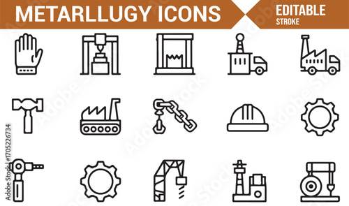 Outline icons of metallurgy equipment with hammer, furnace, crane, and industry tools