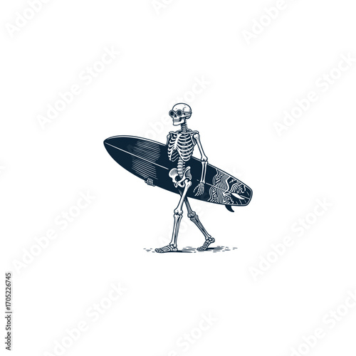 Skeleton with surfboard engraving style. Vintage illustration symbol of surf, beach, sea, and lifestyle. Perfect for tattoo, logo, design, and retro art