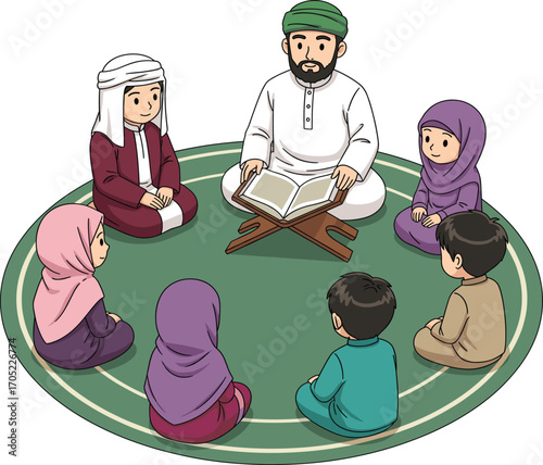 Islamic study session cartoon, children learning Quran, traditional attire illustration, religious education vector, community teaching scene, cultural design