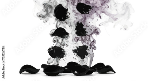 Ethereal descent captivating abstract composition of black petals amid swirling wisps of smoke