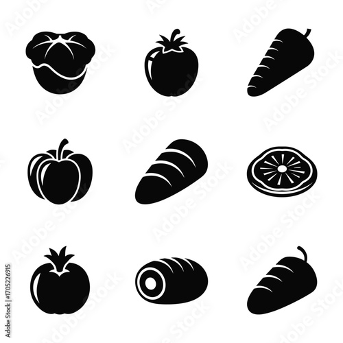 Collection of nine black silhouette icons of fruits and vegetables on a white background black and white
