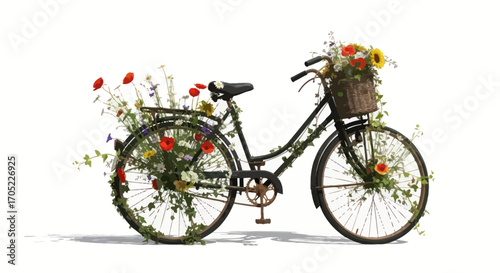 Floral adorned bicycle standing still representing a blooming season of nature's artistry