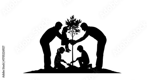 Family's collaborative effort in planting a tree silhouette expressing intergenerational bonding
