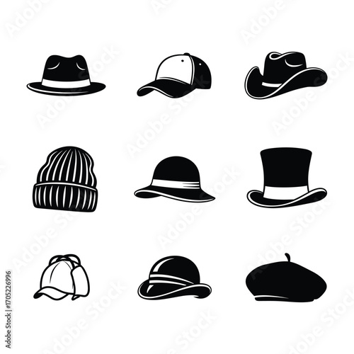 Collection of nine black and white vector icons of different hats and caps fedora baseball cap