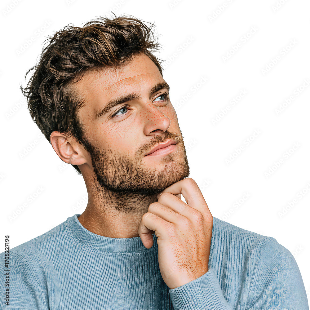 Fototapeta premium A waist-up portrait of a thoughtful man with light stubble, wearing a sky-blue crewneck and hand at chin, isolated on transparent background. 
