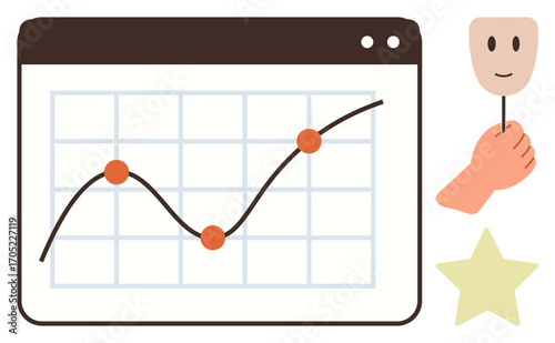 Browser window with line graph and points, hand holding smiling face mask, and star. Ideal for data analysis, feedback, progress tracking, emotional insight, performance evaluation, user