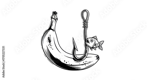 Humorous juxtaposition of a banana serving as bait on a fishing hook with a surprised fish