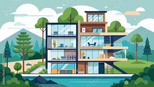 Modern house design in a scenic landscape with mountains and trees during daylight