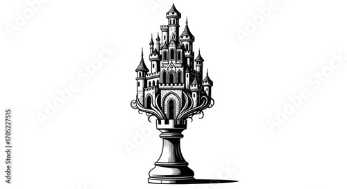 Intricate chess rook with a majestic castle on top symbolizing strategic defense and power