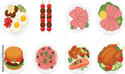Meal plate vector set, breakfast lunch dinner illustration, eggs avocado skewer deli meat burger pasta salmon chicken clipart