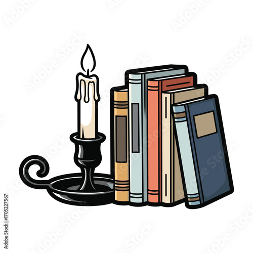 A lit candle in a black candlestick next to a stack of colorful books reading knowledge