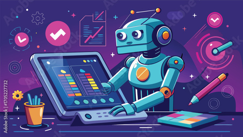 Advanced robot analyzing data on digital screen in a modern workspace with colorful graphics