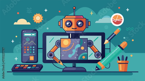 Creative robot assisting with digital design in a colorful workspace on a sunny day