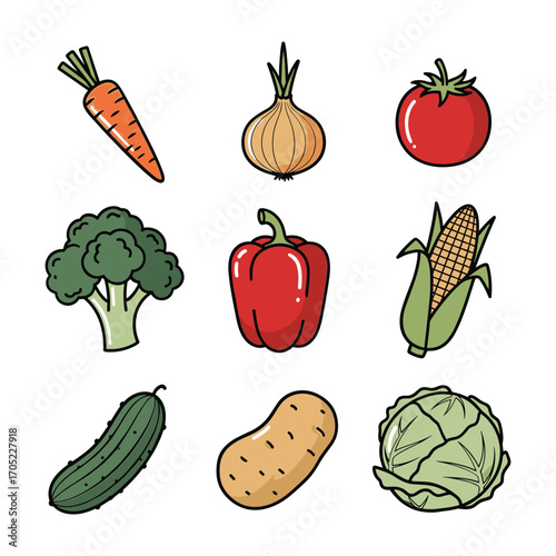 Collection of nine cartoon style vegetables including carrot broccoli onion tomato bell pepper corn cucumber potato and cabbage