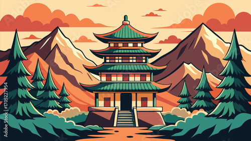Serene landscape featuring an Asian-style temple surrounded by mountains during sunset