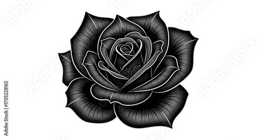 Monochromatic rose illustration with detailed shading and contour lines for design projects
