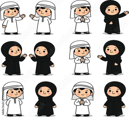 Middle Eastern cartoon characters, traditional attire illustration, male and female cultural set, abaya and thobe, friendly poses, educational vector