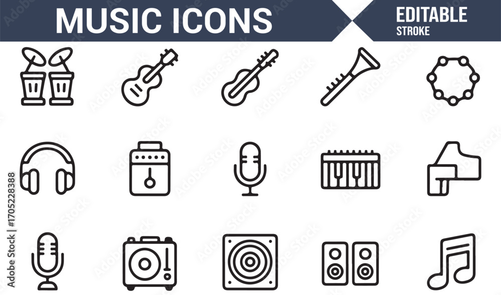 Fototapeta premium Music and entertainment icons set with notes, speakers, drums, and audio elements