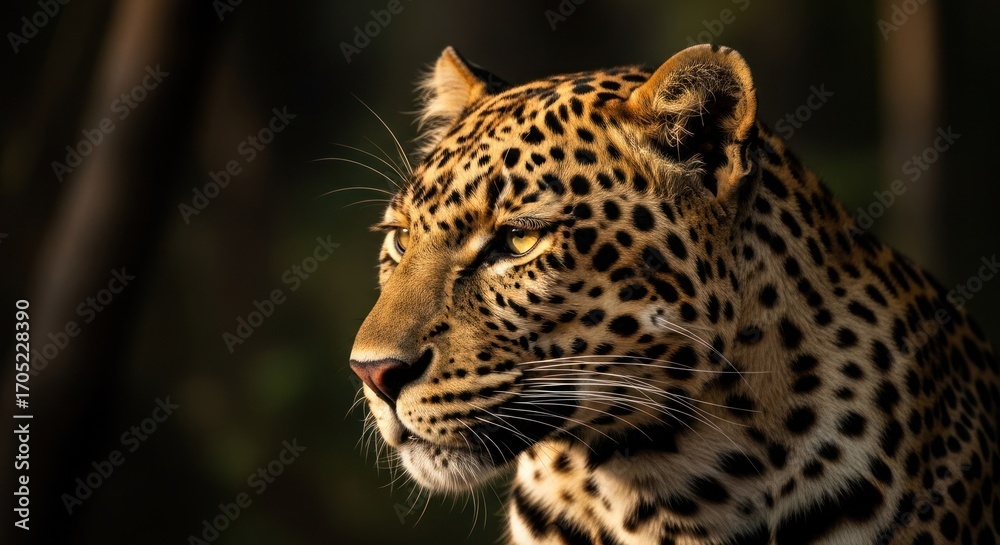 Obraz premium Leopard portrait, intense gaze, dappled coat, dark backdrop, sunlight