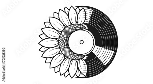 Monochrome fusion of a blooming sunflower and a vinyl record in artistic harmony