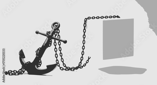Monochrome maritime composition featuring an anchor tethered by a chain to a rectangle element