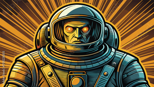 Astronaut in a vintage suit stands boldly against a dynamic cosmic backdrop during a sunlit journey into space