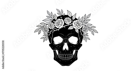 Monochrome skull adorned with roses and thorny vines conveys a poignant aesthetic balance