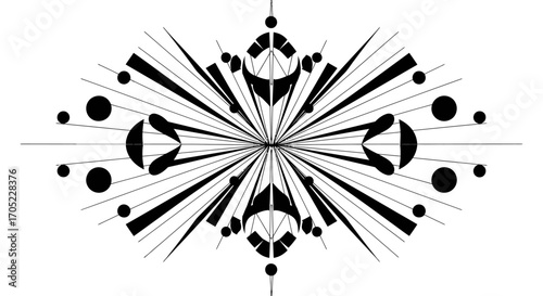 Monochrome stylized starburst radiating from central point symmetrical design graphic