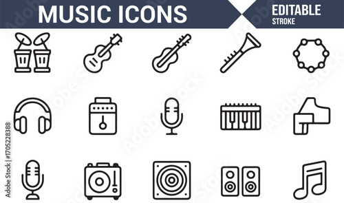 Music and entertainment icons set with notes, speakers, drums, and audio elements
