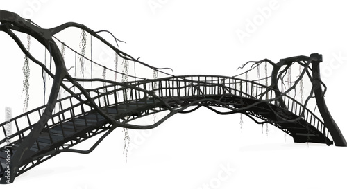 Mystical arboreal bridge rendered in grayscale isolated upon clean white backdrop